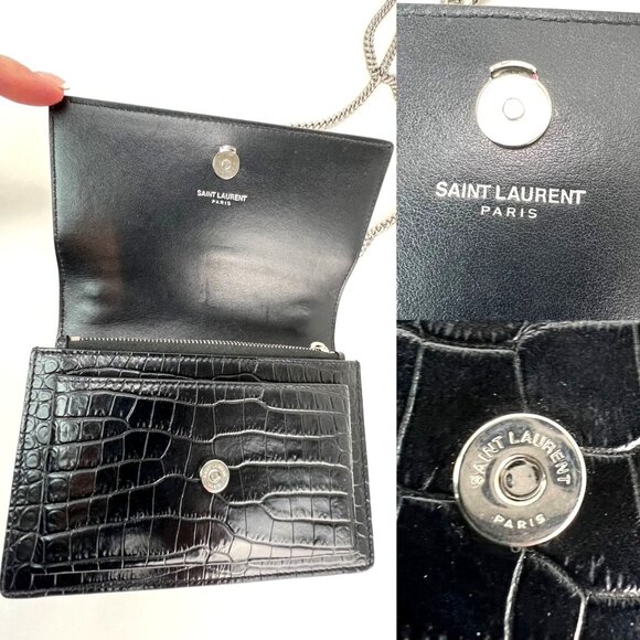 Saint Laurent Black Leather Sunset Wallet on a Chain Crocodile Embossed Bag - Picture 3 of 15